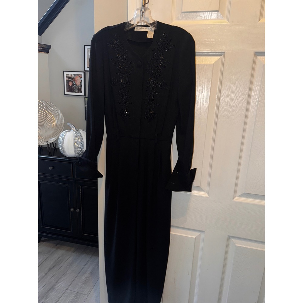 Liz Claiborne VINTAGE Petite Black Beaded Long Sleeve‎ Belted Jumpsuit Size 4 - Picture 4 of 8
